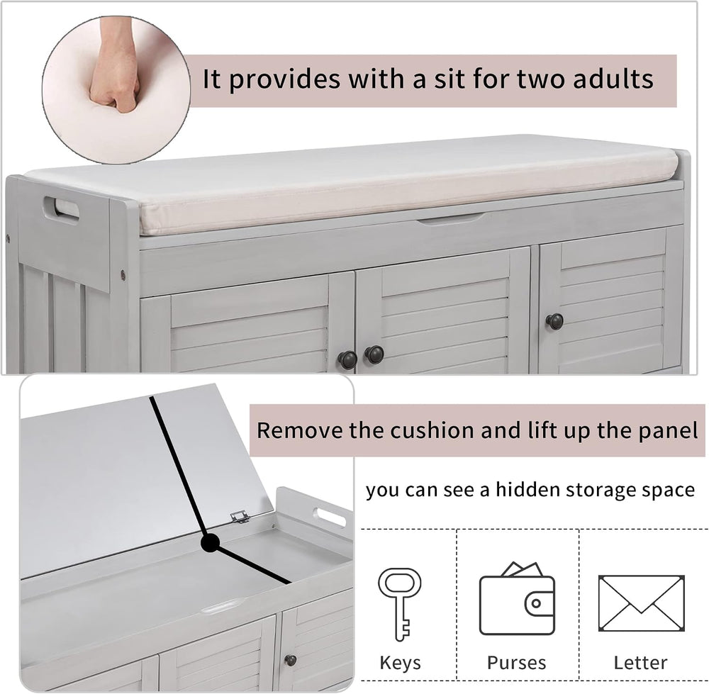P PURLOVE Wood Storage Bench with 3 Shutter Doors, Shoe Bench with Removable ...