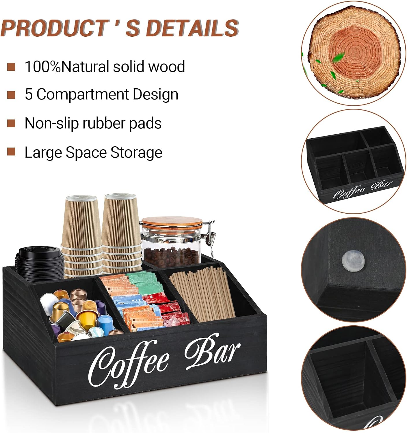 ugiftt Coffee Station Organizer for Counter, Wood Coffee Pods Holder Storage Basket, Tea Condiment Storage Organizer, Rustic Coffee Bar Decor for Coffee Accessories Organizer
