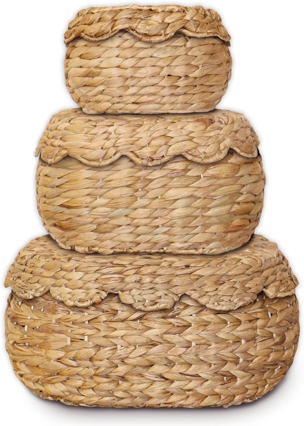 Scalloped Basket Set of 3 with Lids, Bread Basket, Natural