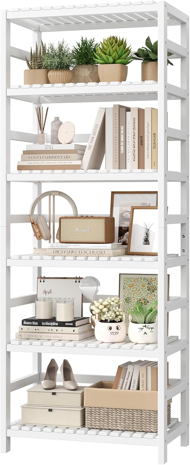 FOTOSOK 6-Tier Bamboo Shelf with Adjustable Shelves, Bamboo Kitchen Cabinet