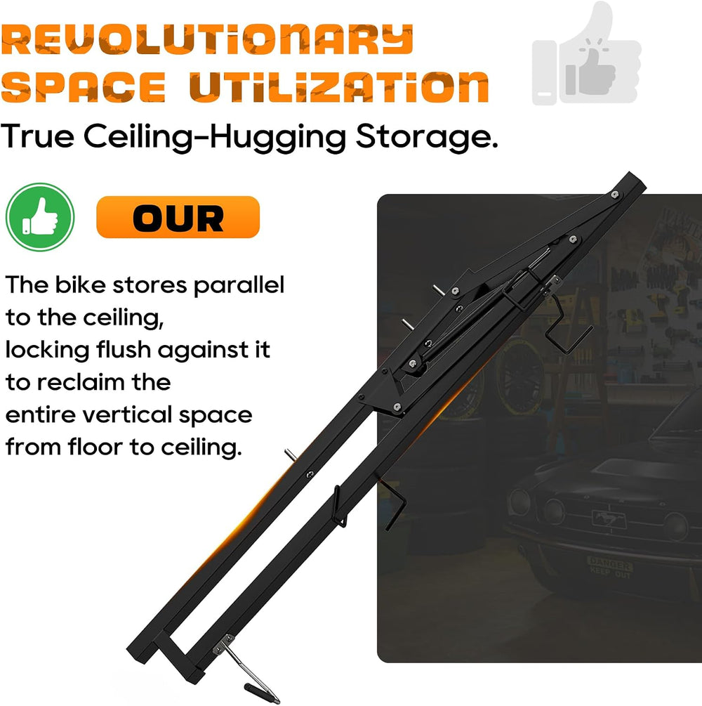 Ceiling Mounted Horizontal Bike Rack - Overhead Storage Space Saver, Ideal fo...