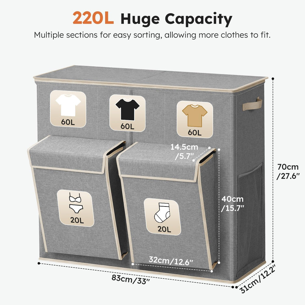 SOLEDI 220L Laundry Hamper 3 Section with Lid and 2 Side Pockets