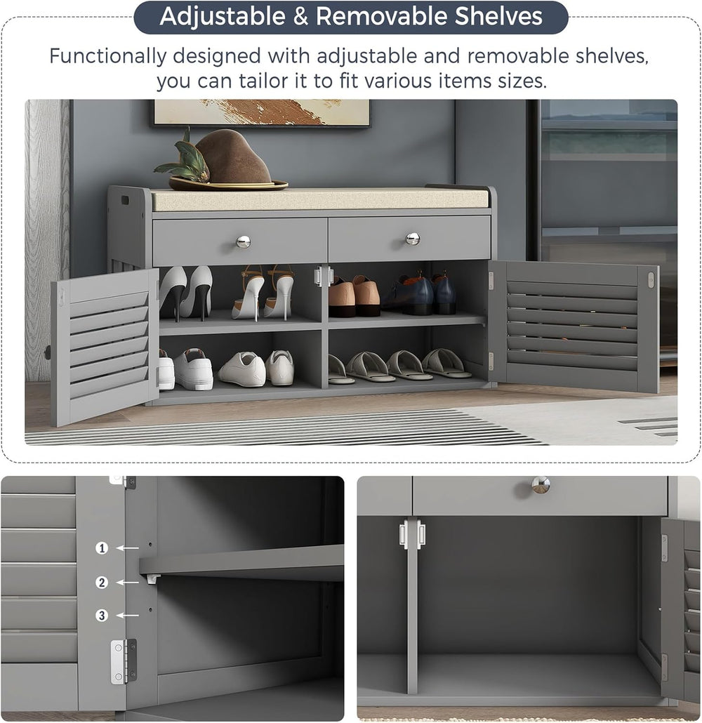 WARMHONIU Shoe Storage Bench with 2 Drawers Storage & Cushioned Seats