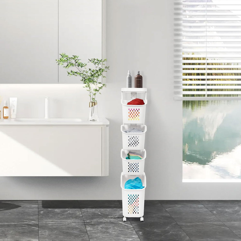 4-Tier Rolling Laundry Hamper, Plastic Laundry Cart Organizer with Wheels, Co...