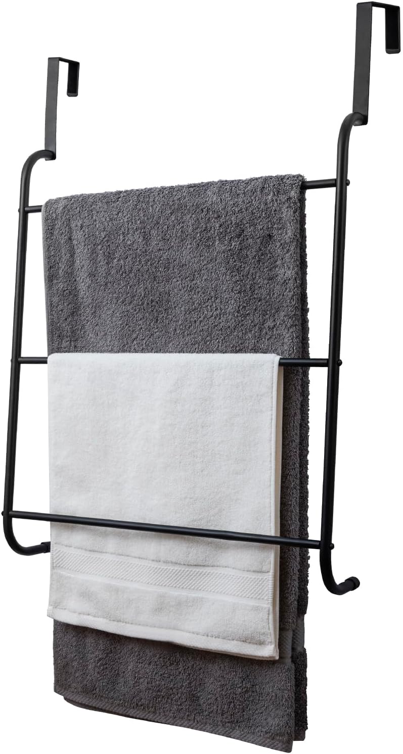 MyGift 3 Tier Over Door Bathroom Towel Rack Matte Black Metal Holder