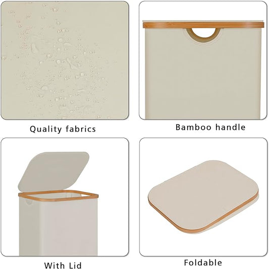 100L Laundry Hamper with Lid, Lagre Basket with Bamboo Handles, Foldable - Image 2