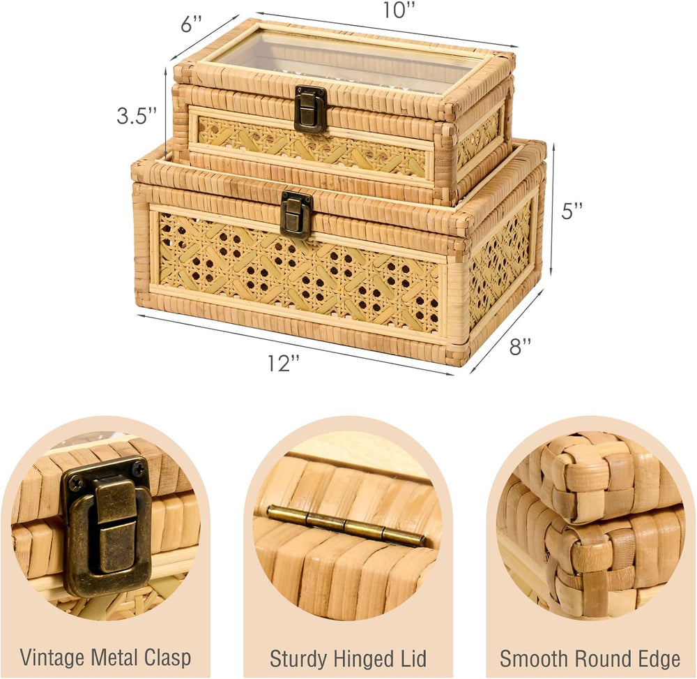 2PCS Decorative Rattan Boxes Handmade Natural Wicker Boho Baskets