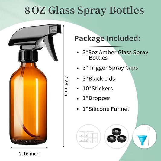 8oz Amber Glass Spray Bottles, 3 Pack Glass Spray Bottles Refillable Empty - Image 2
