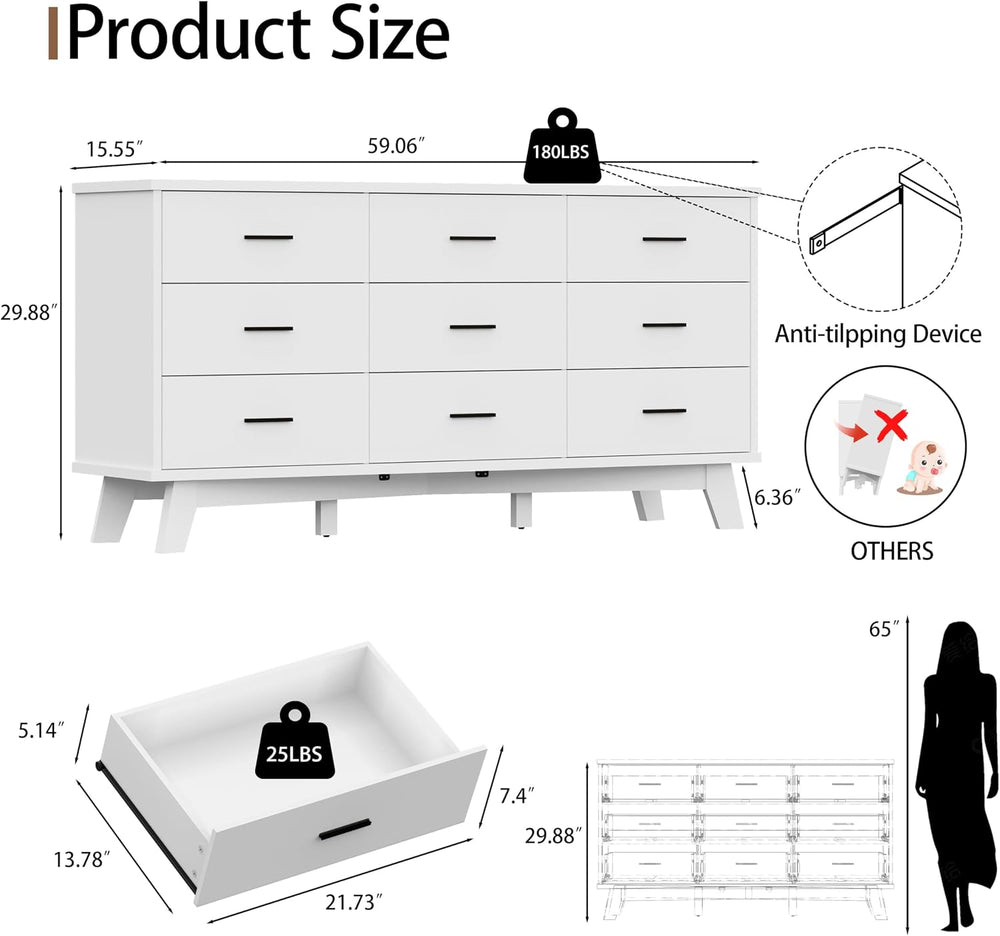 Xixini Dresser for Bedroom, 9 Drawer Wide Modern Chest of Drawers with X-Shap...