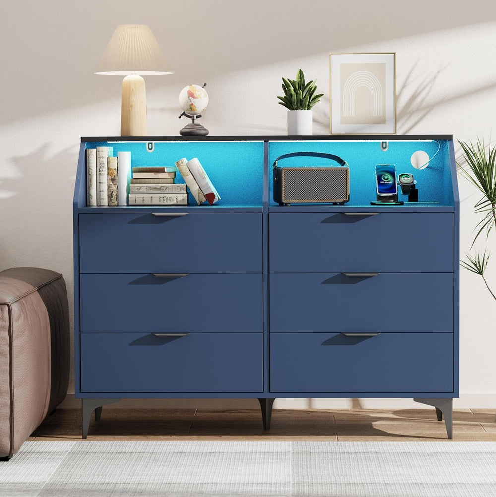 LOUVIXA 6 Drawer Dresser with LED Light, Chest of Drawers with Charging Stati...