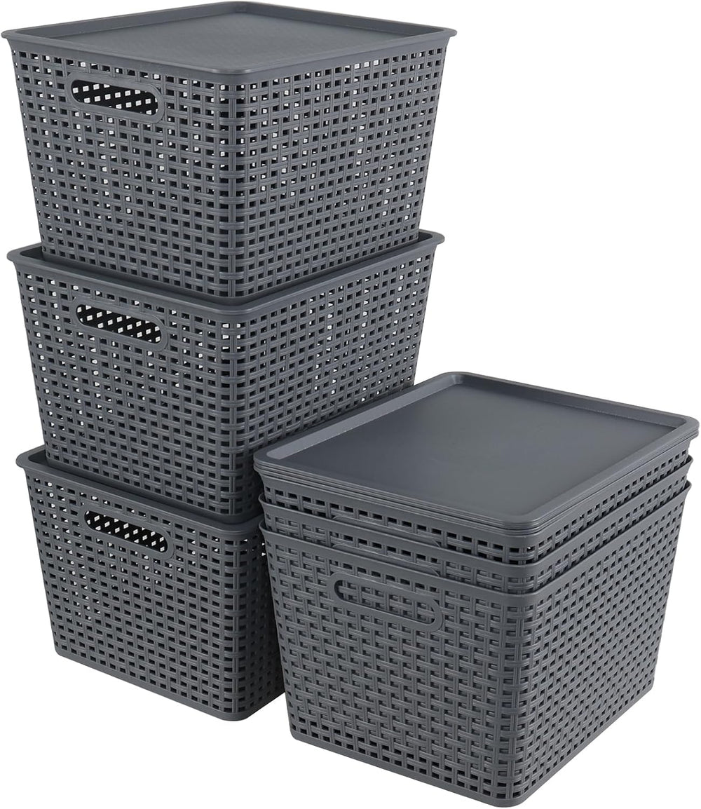 6 Pack Plastic Storage Bins with Lids, Stackable Storage Baskets with Handles...