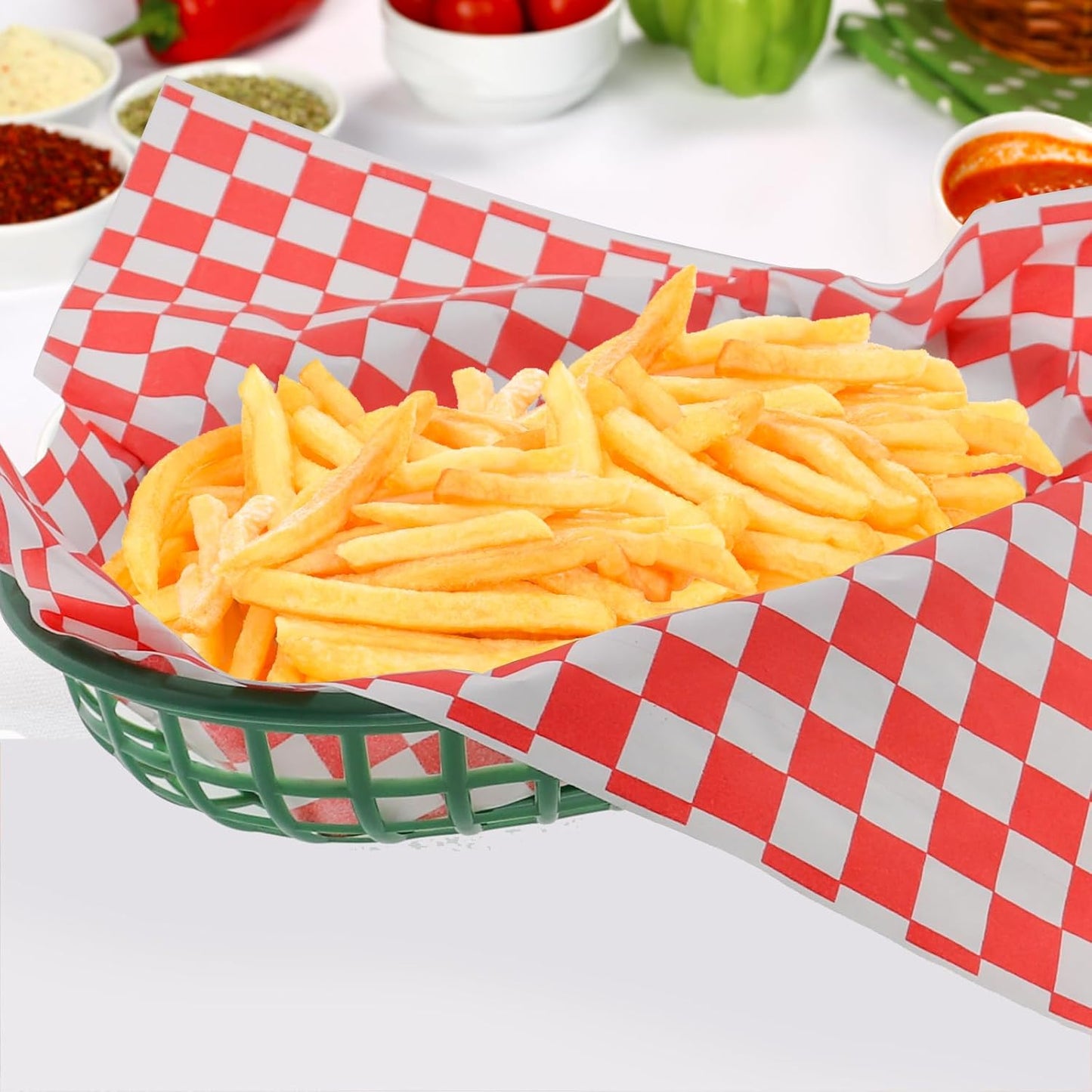Retro Style Fast Food Basket (12Pk) and Checkered Deli Liner (100 Pk) Combo. Fast Food Basket Are Dishwasher Safe. Disposable Deli Paper Squares for Easy Cleanup (Green)