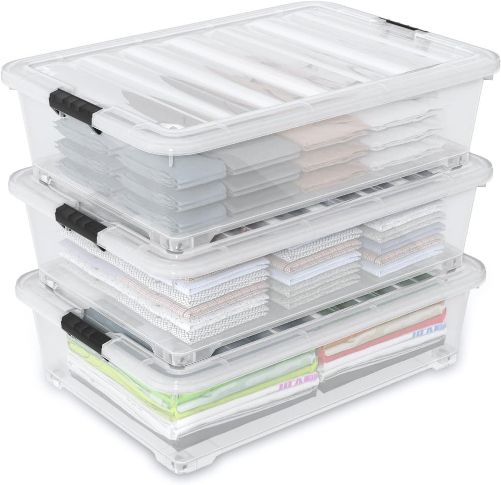 50 L Large 3 Packs Clear Plastic Under Bed Storage Container with Lid and Whe...