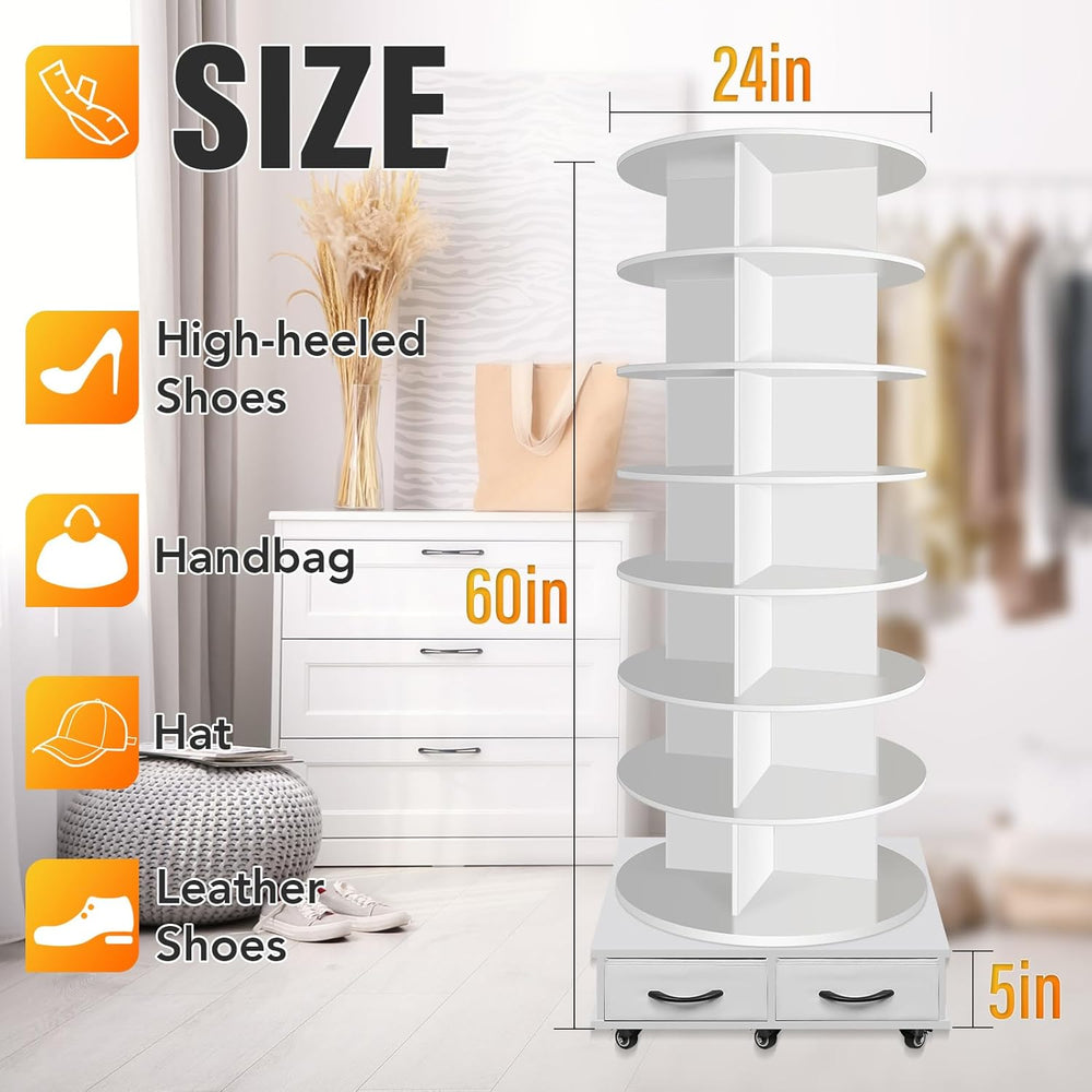 RUNSUNSPRI 8 Tier Rotating Shoe Rack Tower Contains 2 Drawers