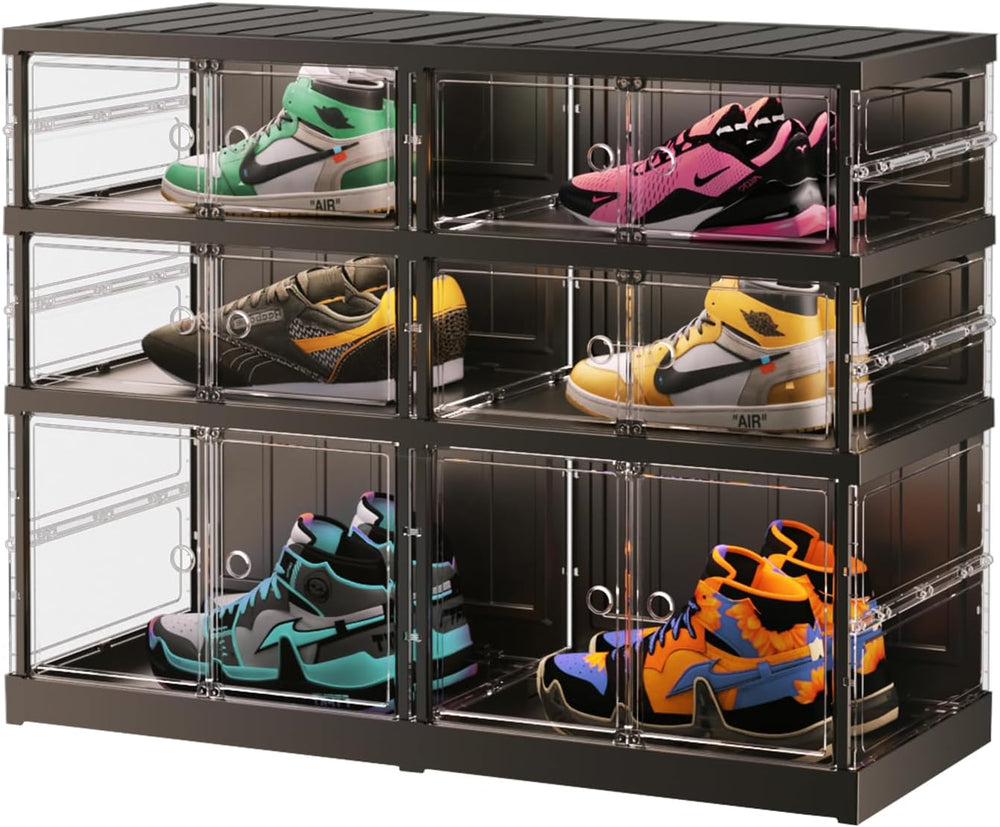 EHAMILY 3-Tier Foldable Shoe Rack, Magnetic Clear Doors, 12 Pairs, Black