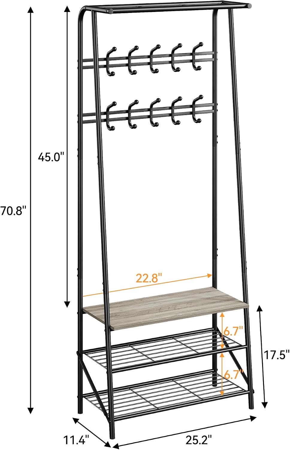 4-In-1 Hall Tree Coat Rack Shoe Bench with 5 Hooks & 4-Tier Shelf, Metal ...