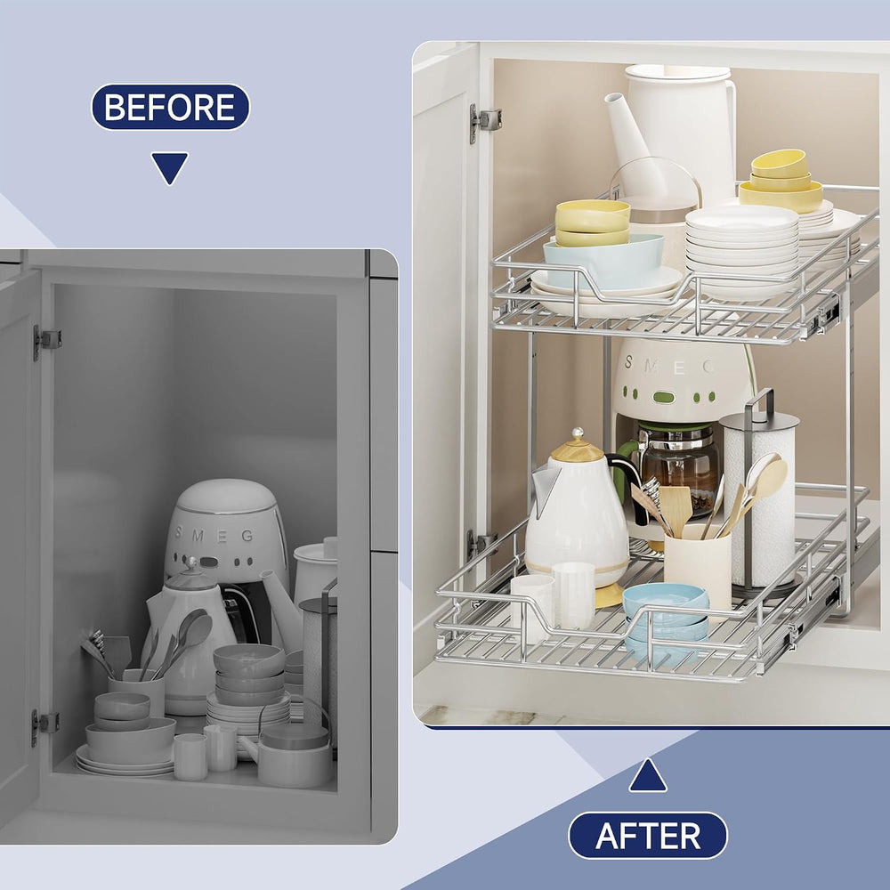 2-Tier Pull Out Cabinet Organizer, 13.5" W x 21.5" D, Heavy Duty Du...