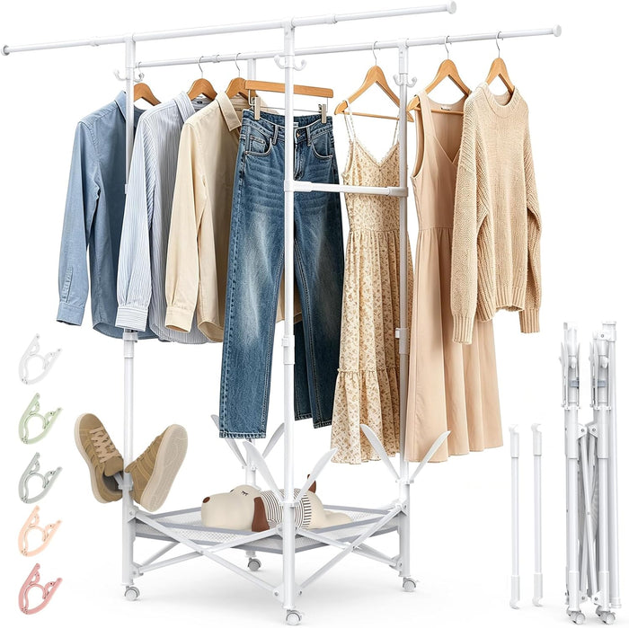 Portable Foldable Clothes Drying Rack - Adjustable Double Extendable Rods (33.1” to 56.7”) -Portable Coat Rack for Travel, Camping, Drying, RV, Indoor, Outdoor, Easy Assemble(White