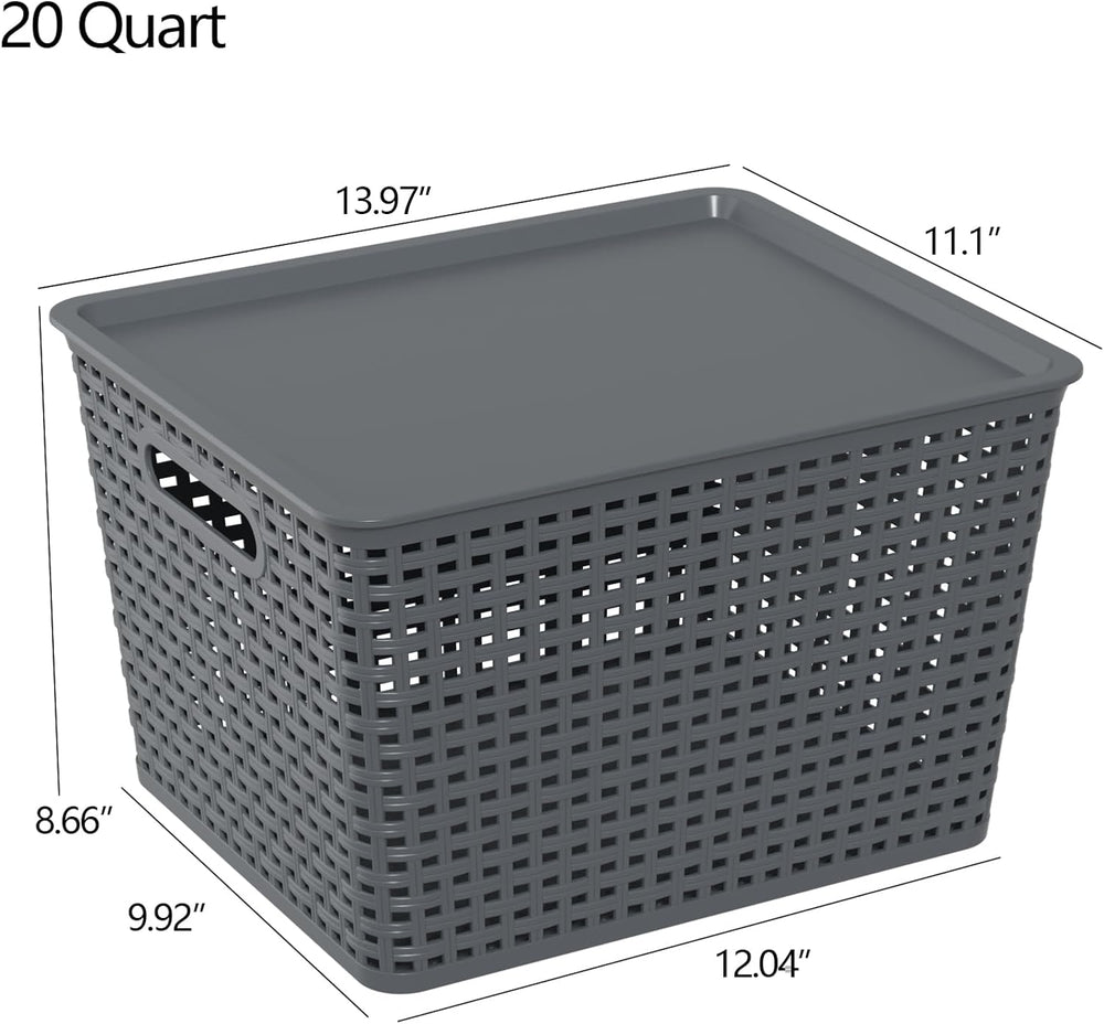 20 Quart Stackable Plastic Weave Storage Basket with Lid, 6-Pack