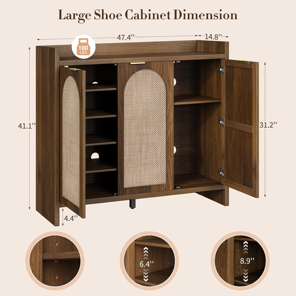 Rattan Shoe Storage Cabinet, Wooden Shoe Rack Organizer Cabinet with 3 Doors ...