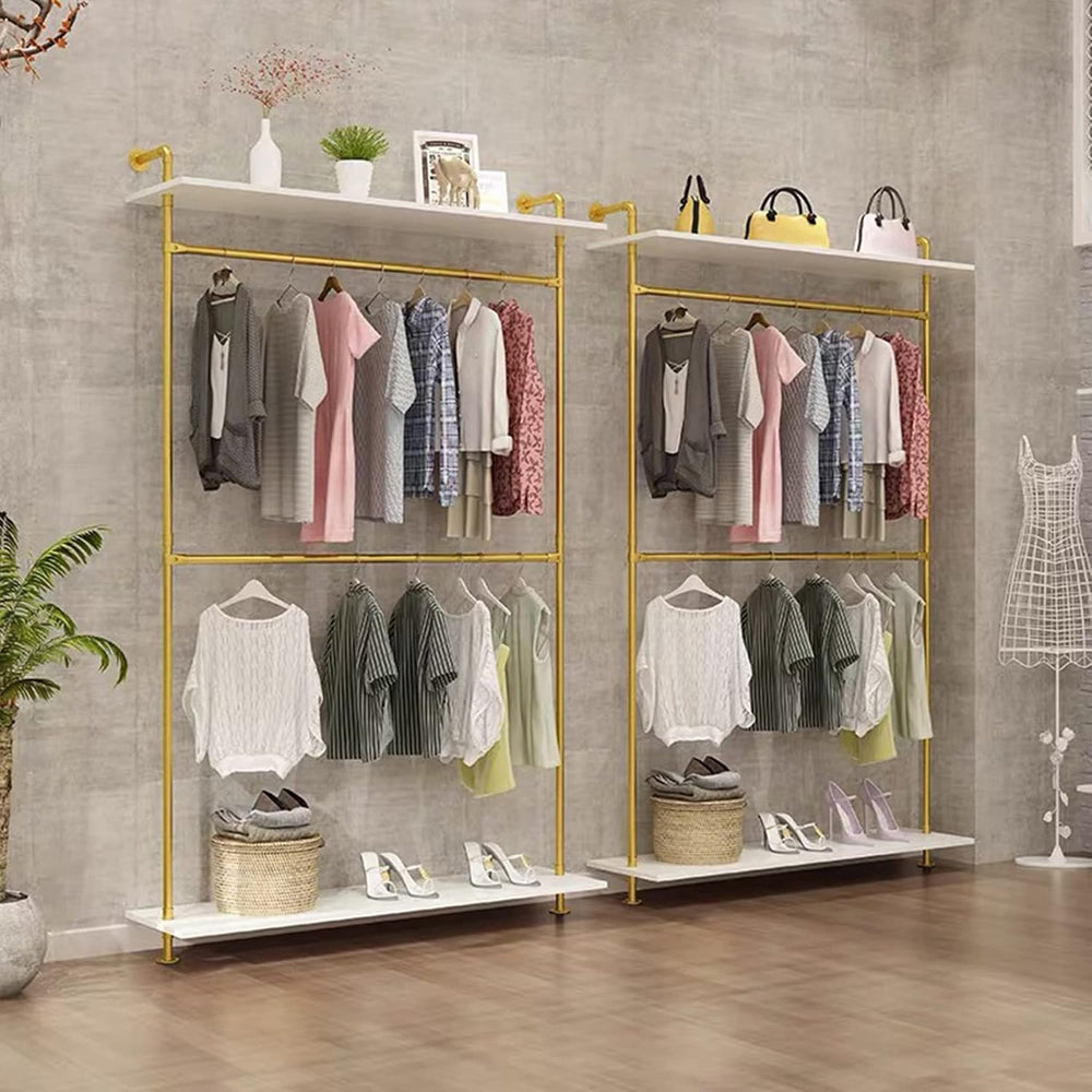 Industrial Clothing Store 2-Tier Pipe and Wood Garment Rack,Wall Mounted Stor...