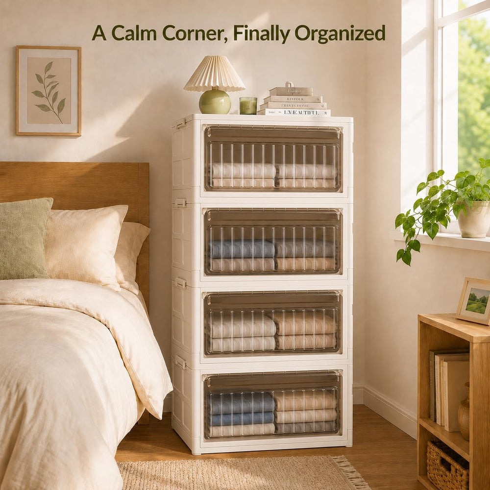 106QT Stackable Storage Bins with Lid, 4-Tier Collapsible Storage Cabinet