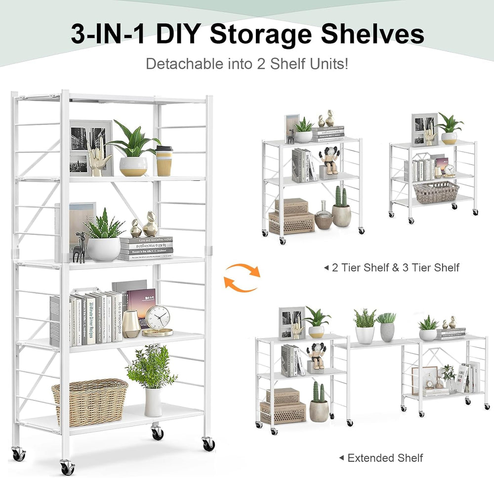Himix 5-Tier Foldable Storage Shelves with Wheels Expandable Kitchen White