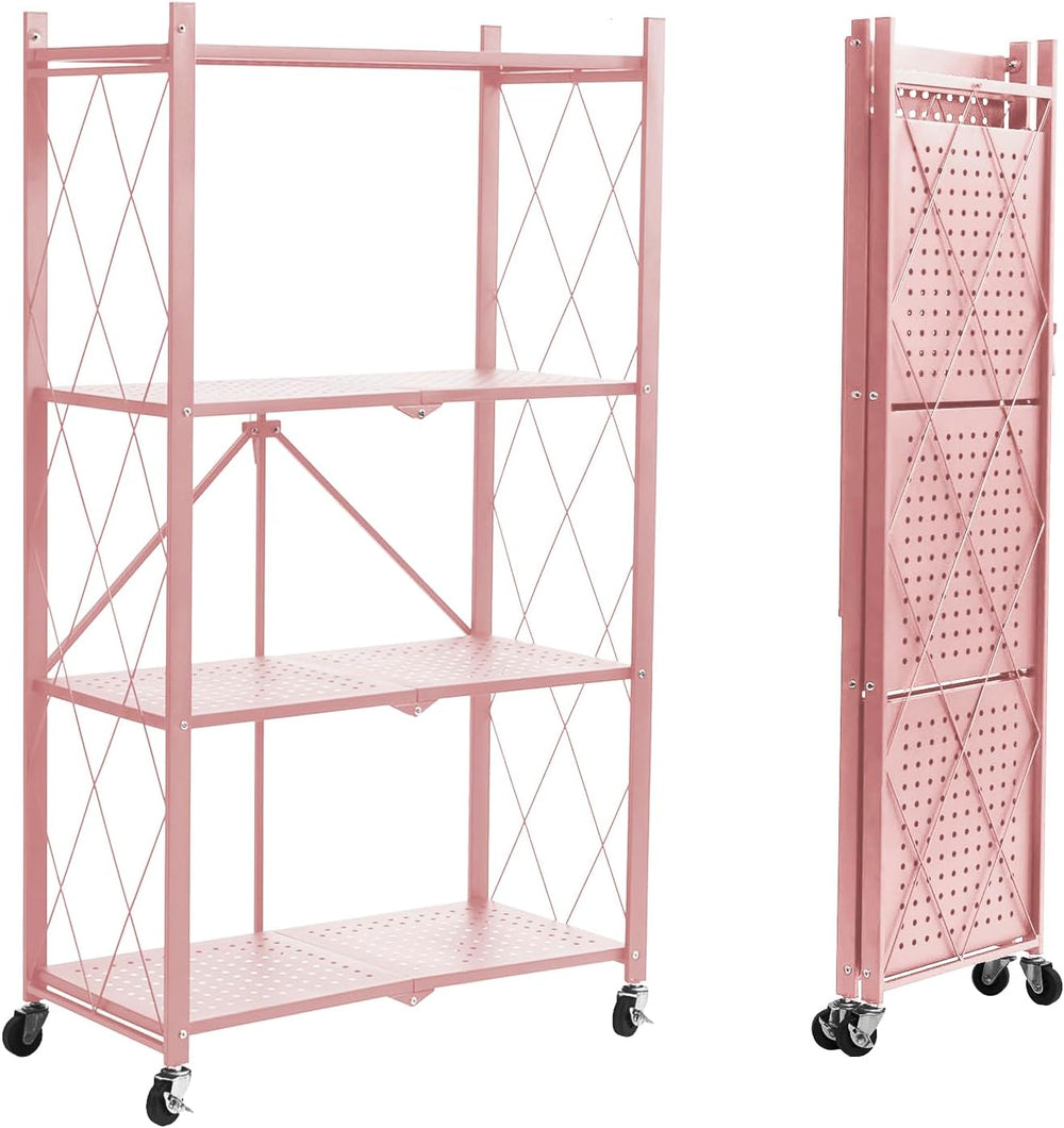 BRIAN & DANY 4-Tier Foldable Storage Shelves with Wheels, Folding Metal R...