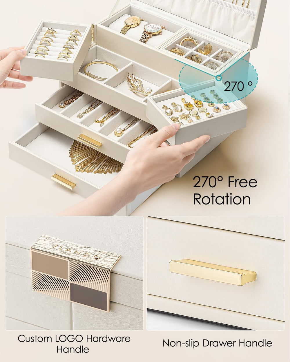 VLANDO Jewelry Box,4-Layer Design with Retractable Tray and 2 Drawers