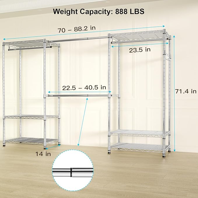 Ulif E1 Heavy Duty Closet Garment Rack, 6 Tiers Adjustable Metal Freestanding