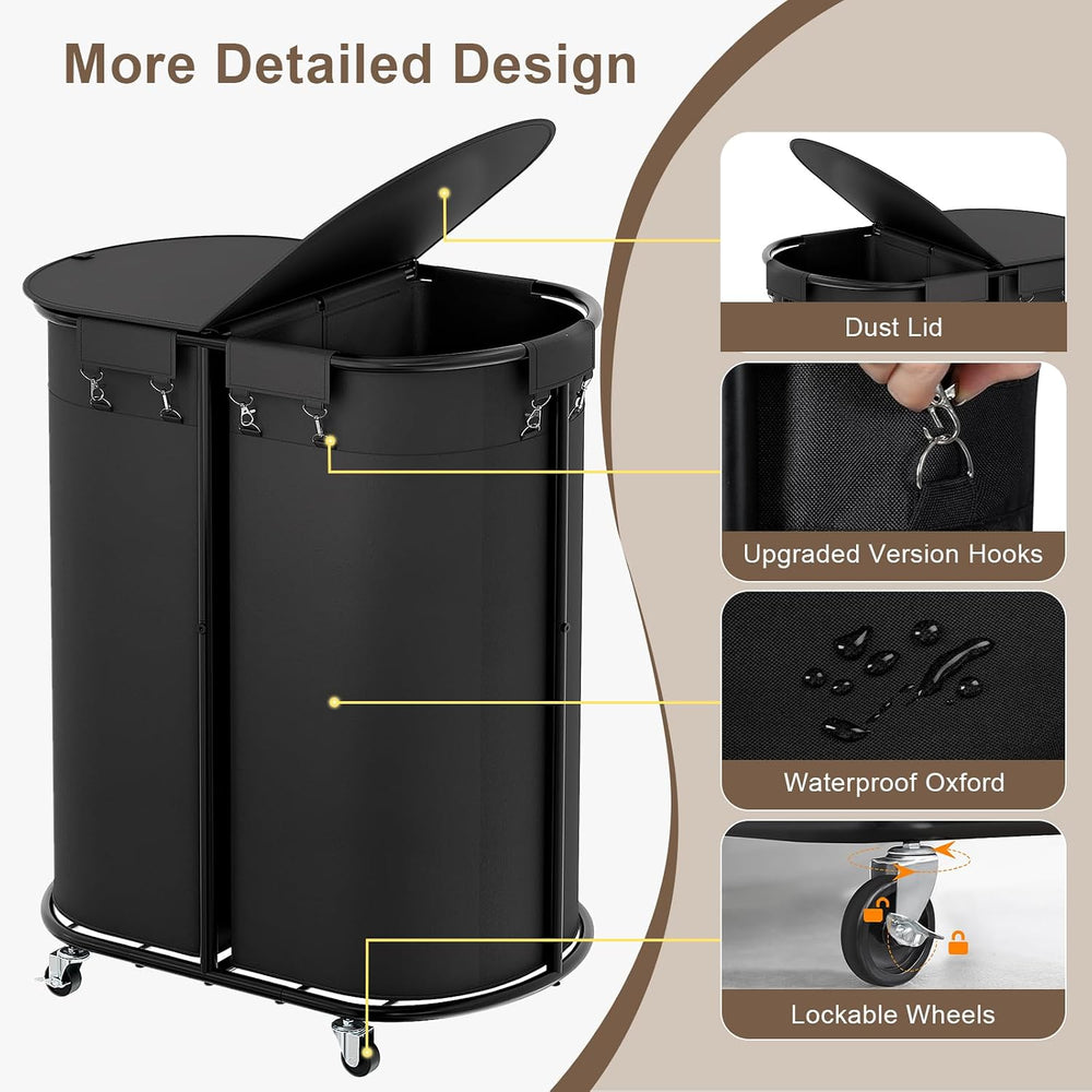 200L Double Laundry Hamper with Lid & Wheels, Oval Rolling Laundry Basket