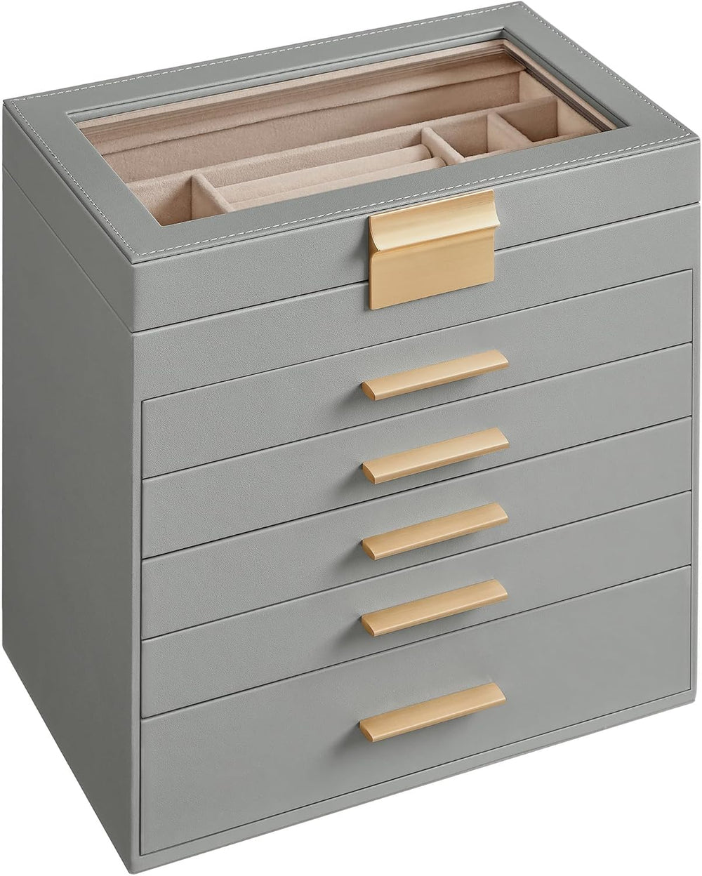 SONGMICS Jewelry Box Organizer, 6-Layer Storage with 5 Drawers, Glass Lid