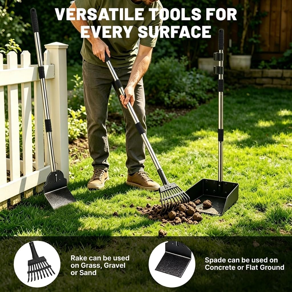 Dog Poop Trash Can Outside - 20L/5Gal Pooper Scooper Sets and Spade, Black | Outdoor Trash Can with Lid, Inner Bucket, Dog Poop Scooper Set, Metal Tray, Rake and Spade, 100 Trash Bags & Storage Box
