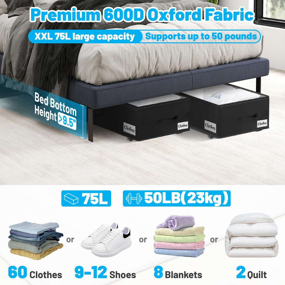 Under Bed Storage with Wheels, 3-Pack 10" Height XXL 75L Rolling Storage...