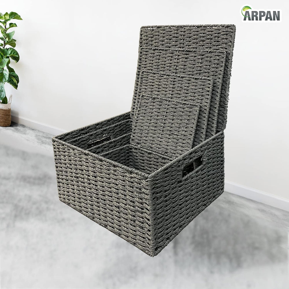 Arpan Set Of 4 Paper Rope Storage Hamper Basket With Lid - Including Xlarge,L...