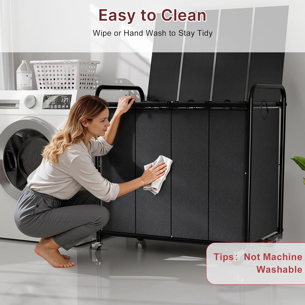 180L Laundry Sorter 4 Section with Lockable Wheels and Lid Black