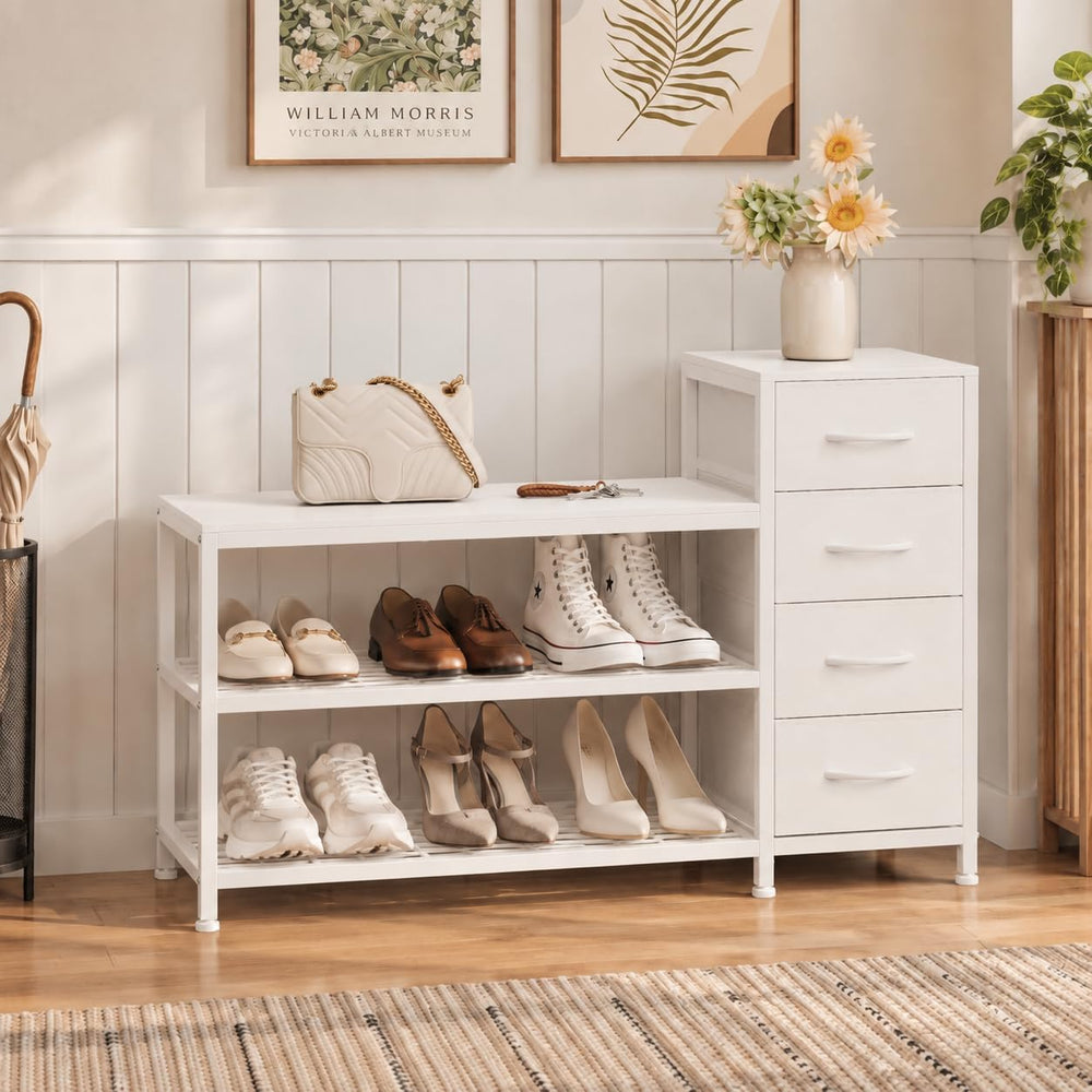 EXOTICA Industrial Shoe Storage Bench with 4 Drawers & Seat, White