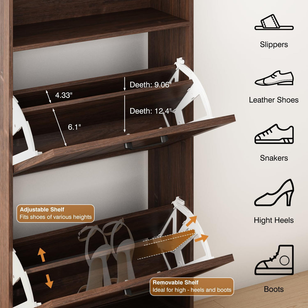 24" W Hidden Shoe Storage Cabinet with 2 Flip Drawers & Open Storage