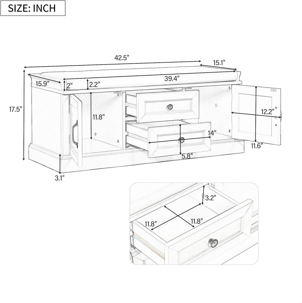 GDFStudio Rustic Storage Bench with 4 Doors 2 Draws Adjustable Shelves Remova...