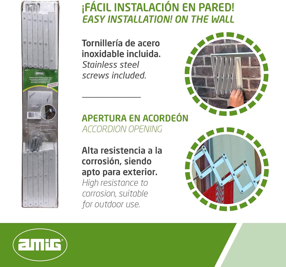 Amig - Extendable Wall Clothesline | High Strength Aluminium | Stainless Stee...