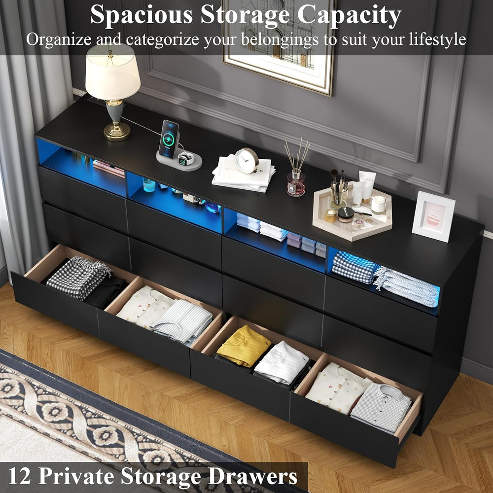 63" 6-Drawer Dresser with Divided Compartments, Power Outlet & LED L...
