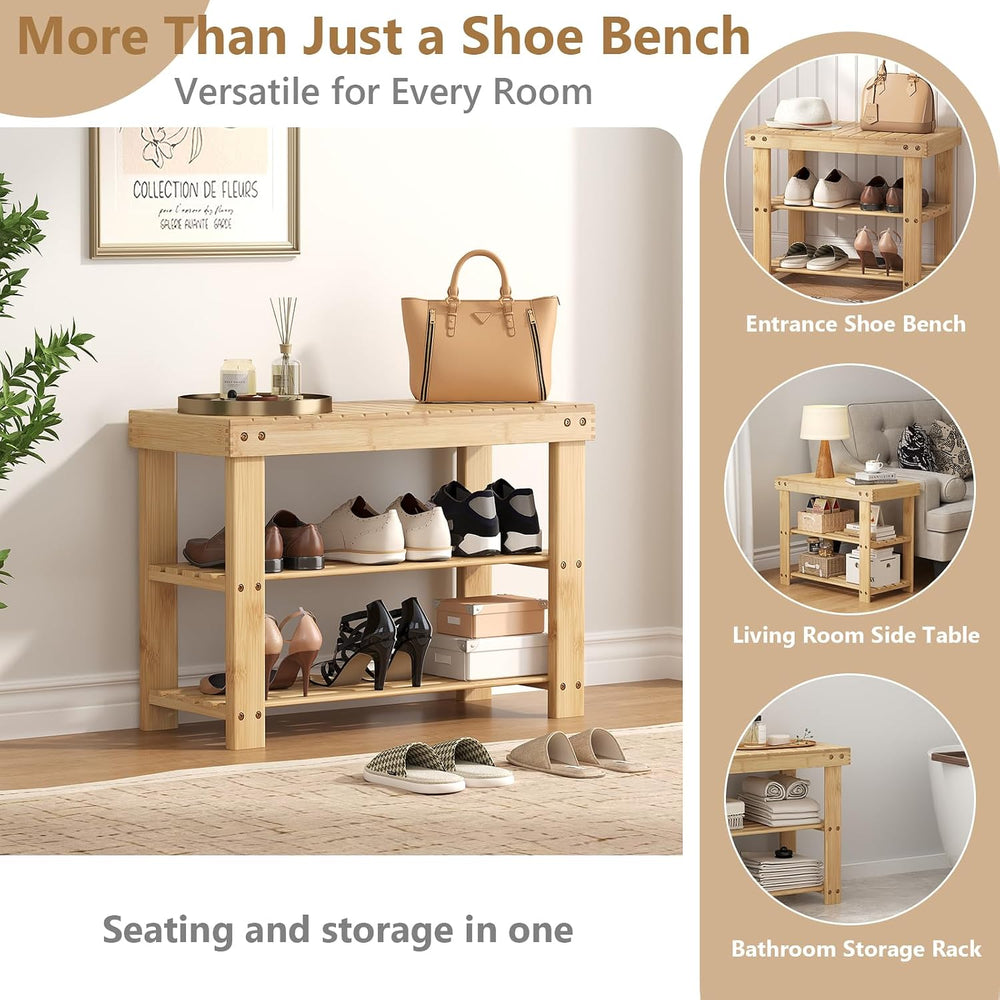 NEWBULIG Shoe Rack Bench, 3-Tier Bamboo Organizer, 11x28x18in, Wood