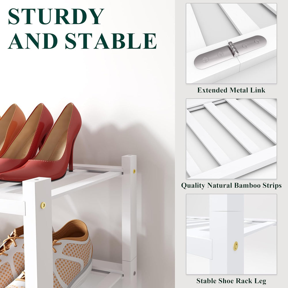 Smiry Bamboo Shoe Rack, 16 Vertical Slats, 3 Tier - 33.7" Wide, White