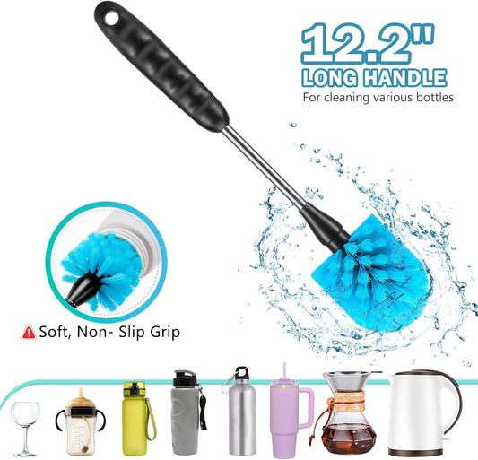12.2 inch Bottle Brush Set of Three,Washable Coffee Cups, Water Bottles, Baby Bottles, Straws, to-go Cups, Long-Handled 3-in-1 Stainless Steel Bottle Brushes. (Blue)