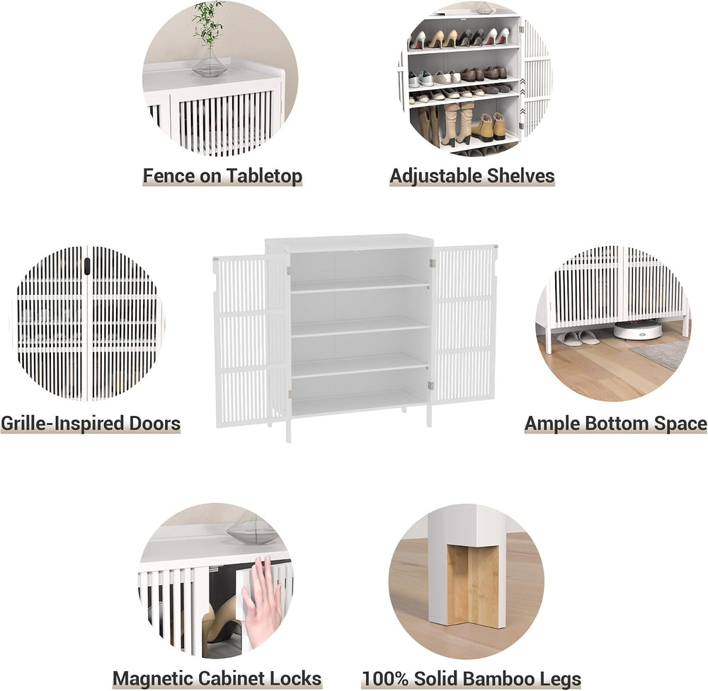 Shoe Cabinet, 20 Pair Farmhouse Shoe Organizer Cabinet, Freestanding Bamboo W...