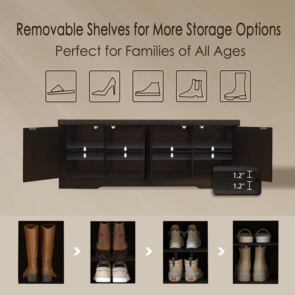 DINZI LVJ Shoe Storage Bench with Cushion, Door, Espresso 47.2" LX17.7 H
