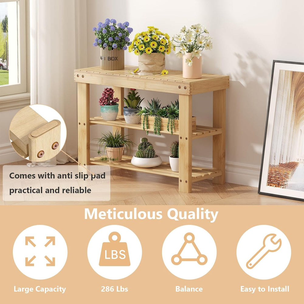 NEWBULIG Shoe Rack Bench, 3-Tier Bamboo Organizer, 11x28x18in, Wood