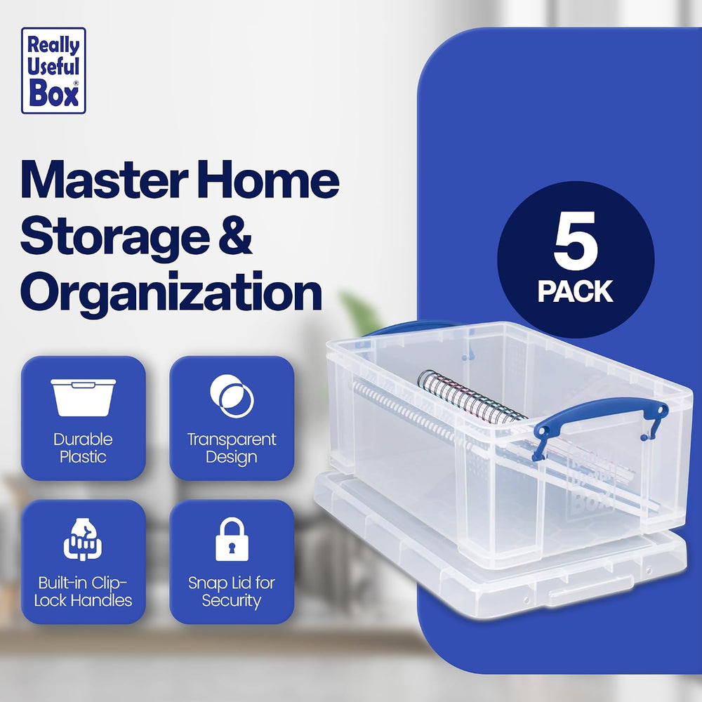 Really Useful Box Stackable 9 Liter Plastic Storage Container, 5 Pack