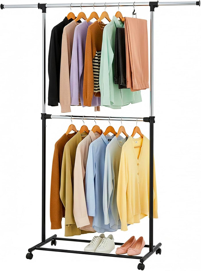 Displays By Jack Double Rail Clothes Rack, Adjustable Rolling Garment Rack on Wheels – Extendable Hanging Rods & Bottom Shelf for Bedroom, Laundry Room, Dorm, Retail