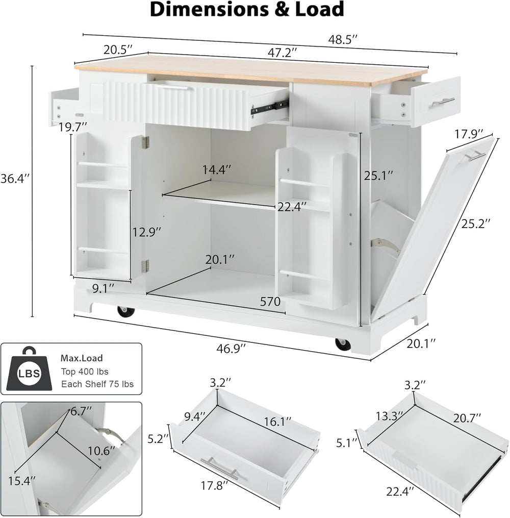 Fluted Rolling Kitchen Island Cart on 5 Wheels with Trash Can Storage Cabinet...